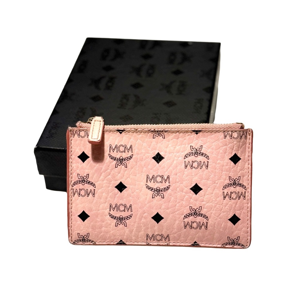 MCM Visetos Monogram Logo Zip Card Case Gold Keychain Wallet Pouch – Soft Pink - Picture 7 of 8